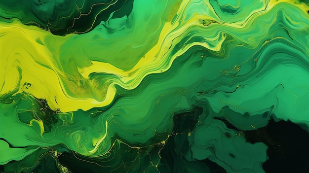 Abstrakter Hintergrund mit flüssigen Farben in Grün und Gelb Generative KI