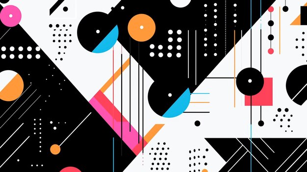Abstrakter Hintergrund mit geometrischen Formen, Linien, Kreisen, Punkten, Memphis-Stil, Schweizer Ästhetik