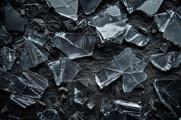 Abstrakter Hintergrund mit glänzenden Stücken gebrochenen transparenten Glases auf dunkler Oberfläche als Konzept der Fälschung