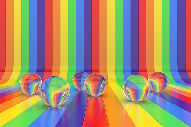 Abstrakter Hintergrund mit Kristallkugeln und Regenbogenfarben. 3D-Rendering.