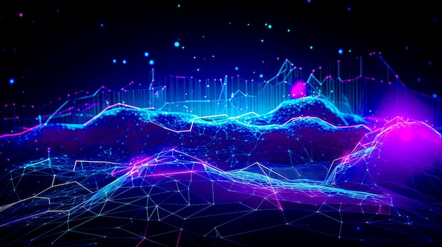 Abstrakter Hintergrund mit leuchtenden Linien und Bergen Generative KI