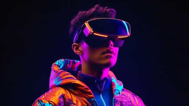 Abstrakter Hintergrund mit Mann im VR-Headset in Neonlichtern Junger Mann mit Virtual-Reality-Brille Cyberspace und Metaverse moderne Tapete Horizontale Illustration für Bannerdesign Generative KI