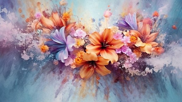 Abstrakter Hintergrund mit orangefarbenen und violetten Lilienblüten mit Spritzer Aquarellfarben. Frühlingsbotanische Tapete mit blühendem Blumenstrauß. Horizontale Illustration für Bannerdesign. Generative KI