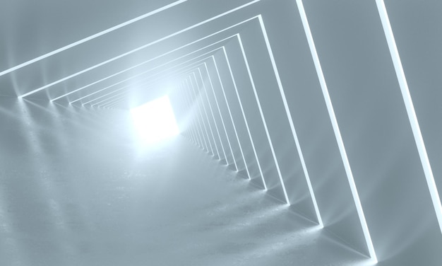 Abstrakter Hintergrund mit symmetrischer, weiß glänzender Tunnel-Innenraum-3D-Darstellung
