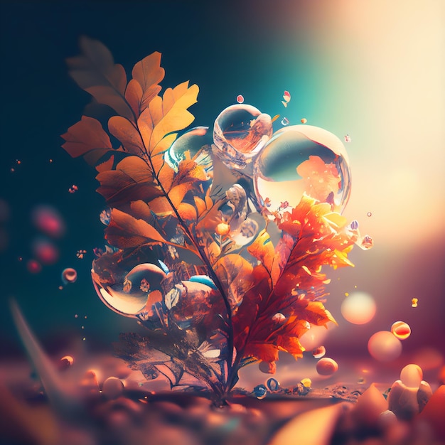 Abstrakter Hintergrund mit Wassertropfen und Herbstblättern 3D-Illustration