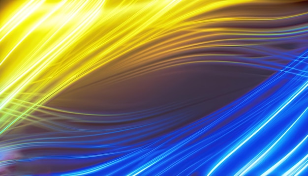 Abstrakter Hintergrund, Neonlicht-Lasershow, Impuls-Equalizer-Diagramm, ultraviolettes Spektrum, Impulsstromlinien, Quantenenergieimpuls, gelb-blau leuchtende dynamische Linien