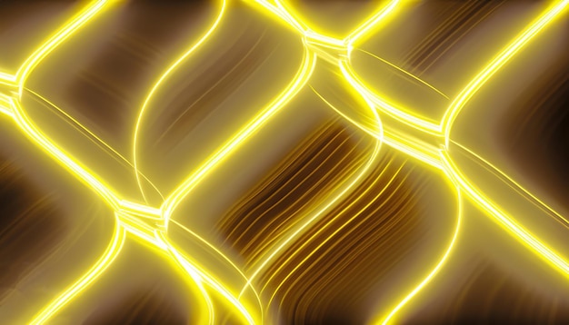 Abstrakter Hintergrund, Neonlicht-Lasershow, Impuls-Equalizer-Diagramm, ultraviolettes Spektrum, Impulsstromlinien, Quantenenergieimpuls, gelb leuchtende dynamische Linien