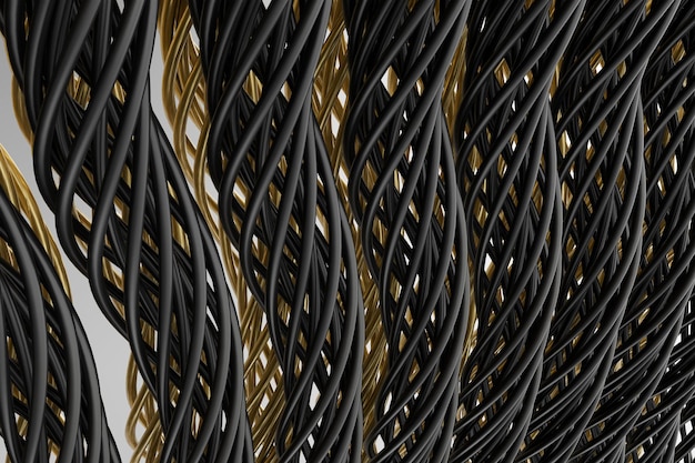 abstrakter Hintergrund. Schwarze und goldene Stäbe, die in Spiralen auf einem weißen Hintergrund verdreht sind.