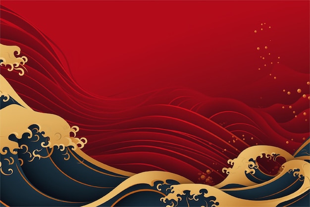 Abstrakter Hintergrund Wellenmeer im orientalischen japanischen Stil Goldene Wellen auf rotem Hintergrund