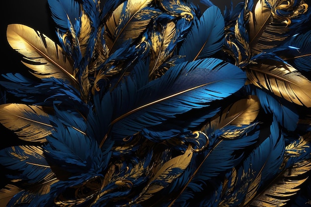 abstrakter Hintergrundblaue und goldene üppige Vogelfedern auf dunklem Hintergrund