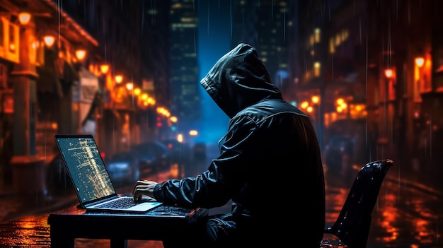 Abstrakter kapuzinerter Hacker mit verstecktem Gesicht arbeitet auf einem LaptopTechnologie Cyberpunk-Hintergrund Cinemati