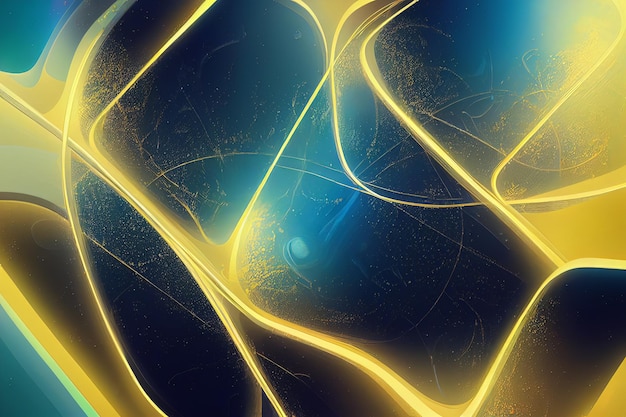 Abstrakter kosmischer dunkelblauer Hintergrund mit neongoldenen Lichtern virtueller Realität