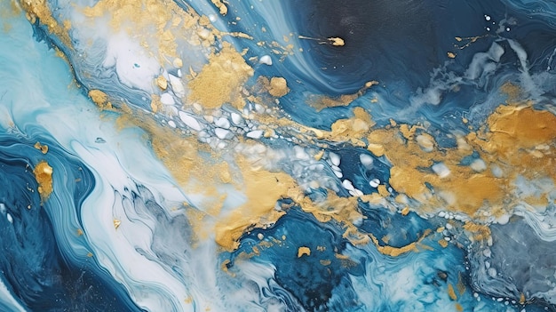 Abstrakter künstlerischer Hintergrund mit blauem Marmor und goldenen Farbflecken. Generierte KI