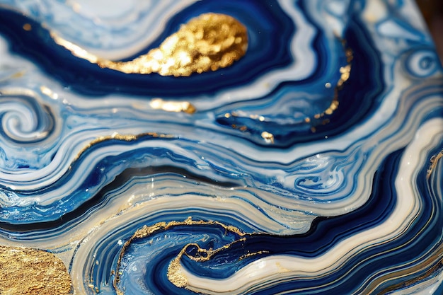 Abstrakter Kunsthintergrund mit einer flüssigen Marmor-Blau-Gold-Textur Prächtige 3D-Darstellung luxuriöse abstrakte Kunstwerke in Alkohol-Tinten-Technik Glänzendes goldenes Wellenstrudelmuster auf blauem Hintergrund