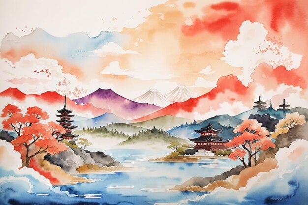 Abstrakter Landschaftshintergrund im traditionellen japanischen Aquarell-Stil