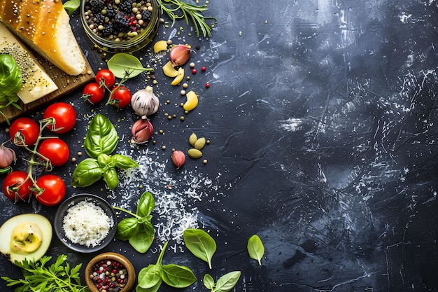 Foto abstrakter lebensmittelhintergrund mit zutaten wie obst, gemüse und gewürze