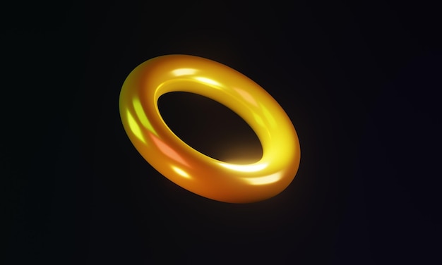 Foto abstrakter leuchtender goldener torus vor dunklem hintergrund, 3d-rendering