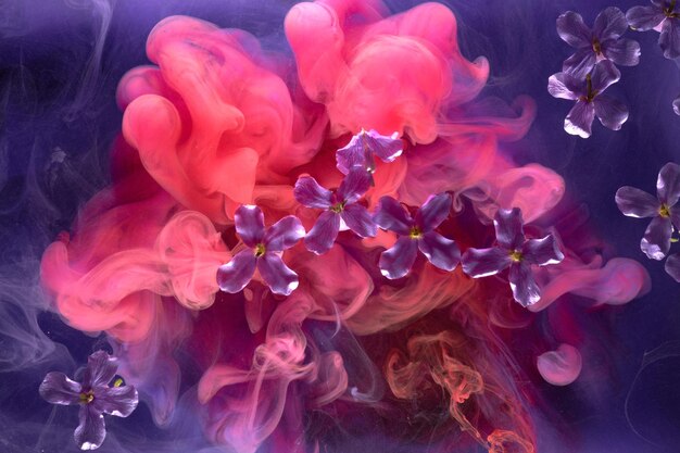 Abstrakter lila rosa Hintergrund mit Blumen und Farben im Wasser Hintergrund für kosmetische Parfümprodukte