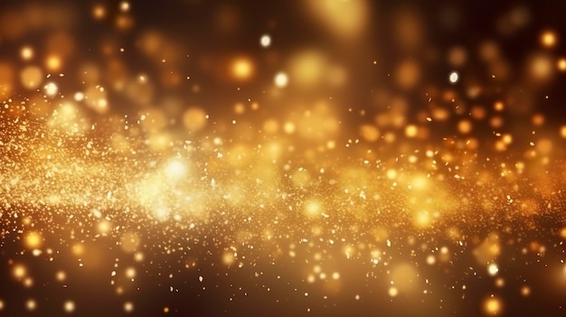 Abstrakter, luxuriöser Goldhintergrund mit Goldpartikeln, glitzernder Vintage-Lichterhintergrund, Weihnachten, goldenes Licht, Glanzpartikel, Bokeh auf dunklem Hintergrund, Goldfolientextur, Feiertags-KI generativ