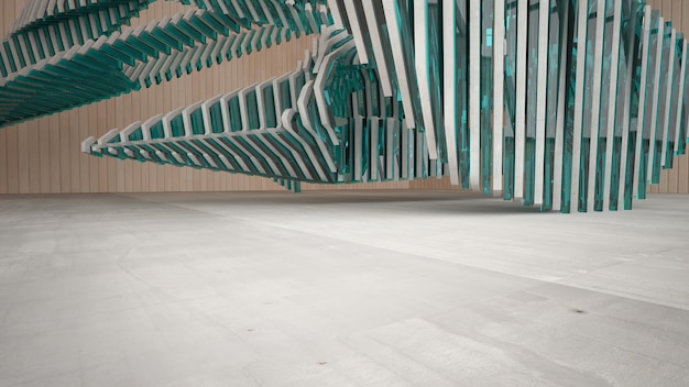 Abstrakter mehrstöckiger öffentlicher Raum aus Beton und Holz mit Fenster 3D-Illustration und Rendern