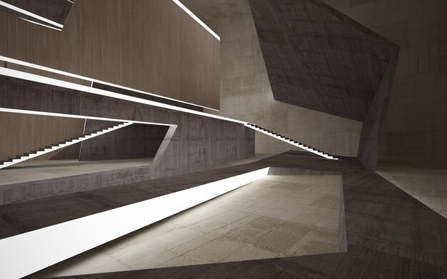 Abstrakter mehrstöckiger öffentlicher Raum aus Beton und Holz mit Neonbeleuchtung 3D-Darstellung