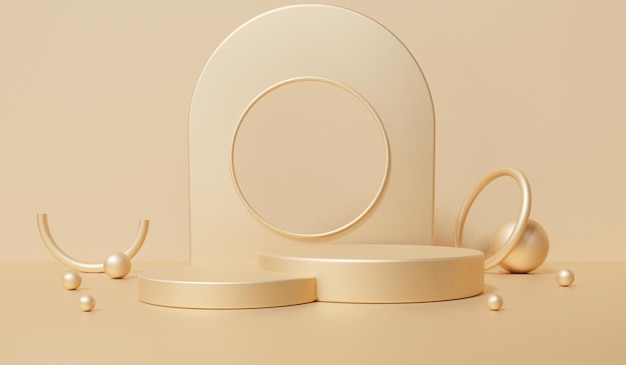 Abstrakter minimaler goldener 3D-Hintergrund mit geometrischen Formen, Sockel leer auf zwei Etagen, Farbverlauf von kleinen zu großen Anzeigeplattformen für die Präsentation von Kosmetikprodukten
