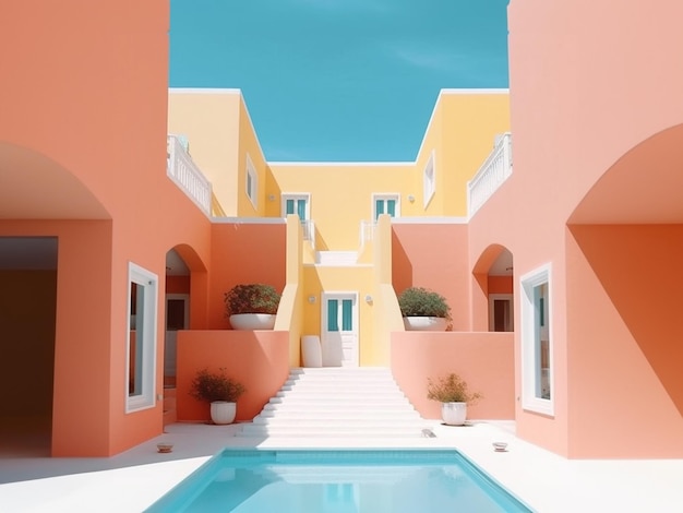 Abstrakter minimalistischer Architekturhintergrund, moderne futuristische Süßigkeiten und lebendige Farben, strahlend blauer Himmel