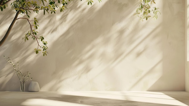 Abstrakter minimalistischer Hintergrund mit einem hellen beige Farbton und komplizierten Schatten von einem Fenster und Vegetation an der Wand