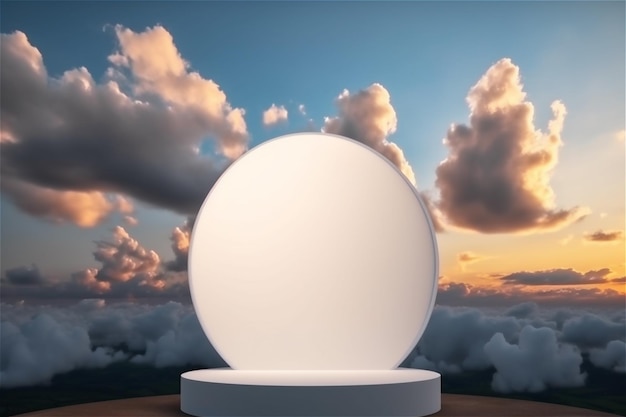 Abstrakter minimalistischer Hintergrund mit einem Sockel in den Wolken auf dem leeren Podium des Sonnenuntergangs