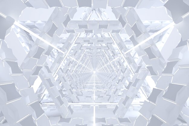 abstrakter minimalistischer weißer Korridortunnel weiße Glühlinie beleuchtet Hintergrund der virtuellen Realität