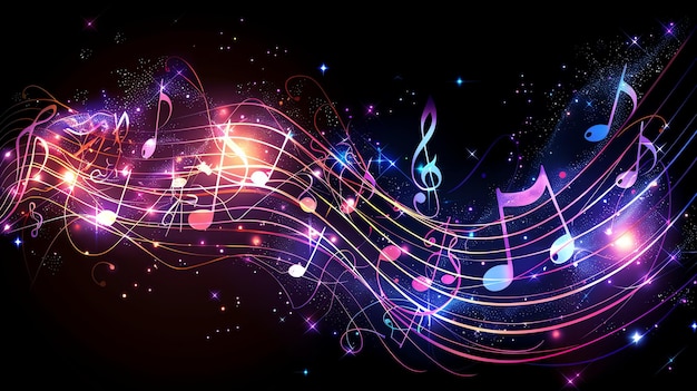 Abstrakter musikalischer Hintergrund mit leuchtenden Musiknoten und einem Sternen-Nachthimmel-Effekt
