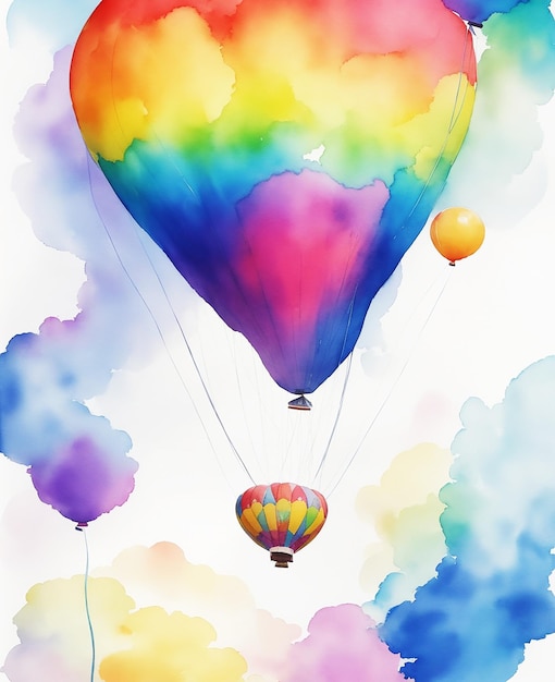 Abstrakter Mystery-Ballon des Paradies-Regenbogens, flauschige Wolkenfarbe auf Papier, HD-Aquarellbild