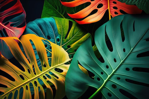 Abstrakter natürlicher Hintergrund Exotisches Blattmuster Kreativer Hintergrund mit leuchtend bunten Monstera-Blättern Dschungelfauna