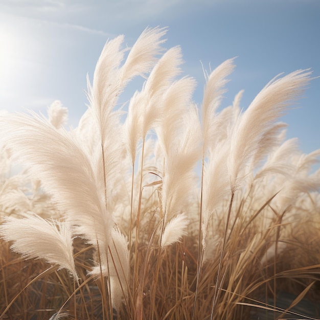 Abstrakter natürlicher Hintergrund weicher Pflanzen Cortaderia selloana Pampasgras auf einem verschwommenen Bokeh Trockenes Schilf im Boho-Stil Flauschige Stängel von hohem Gras ai generativ