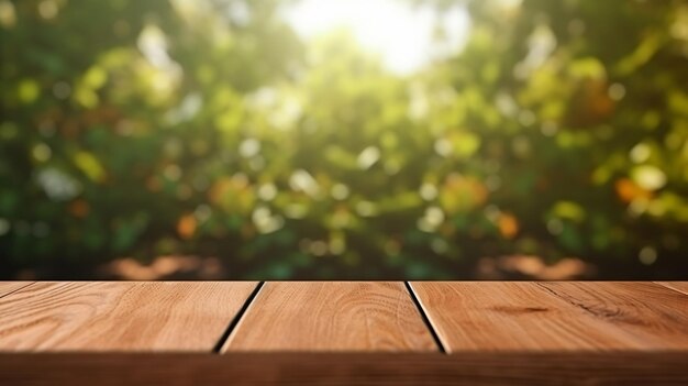 Abstrakter natürlicher Holztisch mit Blättern im Park