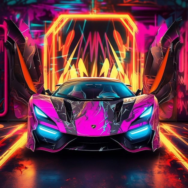 Abstrakter Neon-Art-Lamborghini mit generativer Fahrer-KI