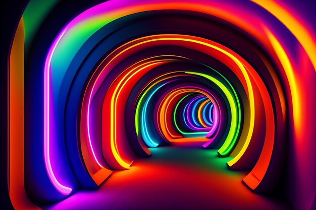 Abstrakter Neonlicht-Torbogen. Bunt leuchtender Flur-Tunnel mit kompliziertem Design