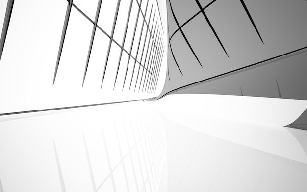 Abstrakter öffentlicher Raum in Weiß und Schwarz auf mehreren Ebenen mit 3D-Darstellung des Fensters