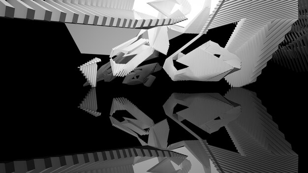 Abstrakter öffentlicher Raum in Weiß und Schwarz auf mehreren Ebenen mit 3D-Darstellung des Fensters