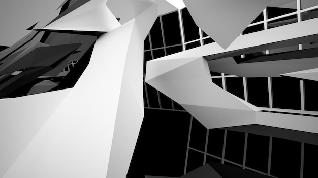 Abstrakter öffentlicher Raum in Weiß und Schwarz auf mehreren Ebenen mit 3D-Darstellung und Rendering von Fenstern