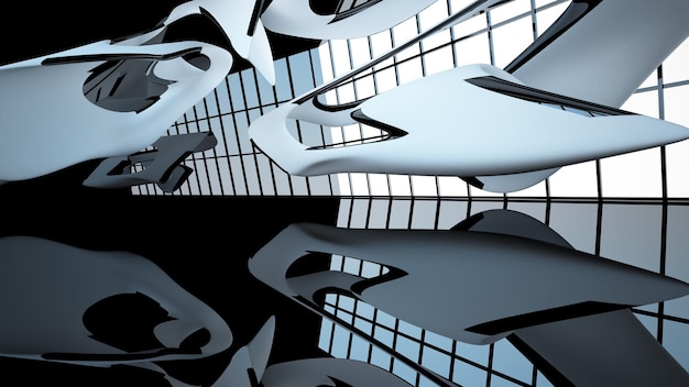 Foto abstrakter öffentlicher raum in weiß und schwarz auf mehreren ebenen mit 3d-darstellung und rendering von fenstern