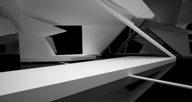 Abstrakter öffentlicher Raum in Weiß und Schwarz auf mehreren Ebenen mit 3D-Darstellung und Rendering von Fenstern