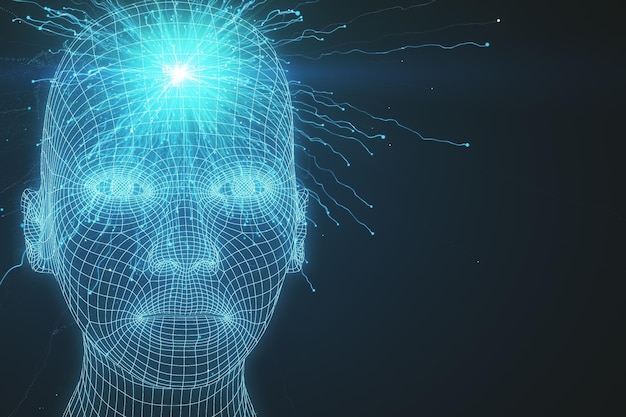 Abstrakter polygonaler Kopf auf blauem Hintergrund Robotik und Cyberspace-Konzept 3D-Rendering