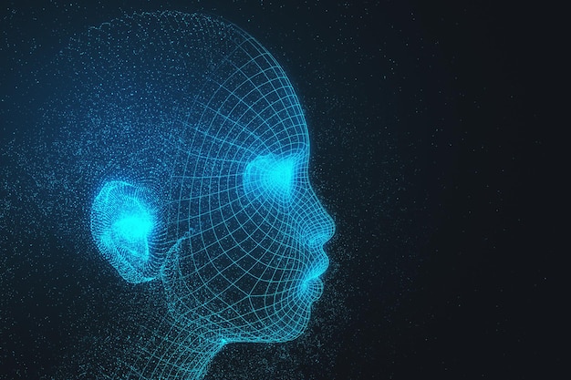 Abstrakter polygonaler Kopf im Weltraum Cyberspace und Wissenschaftskonzept Doppelbelichtung