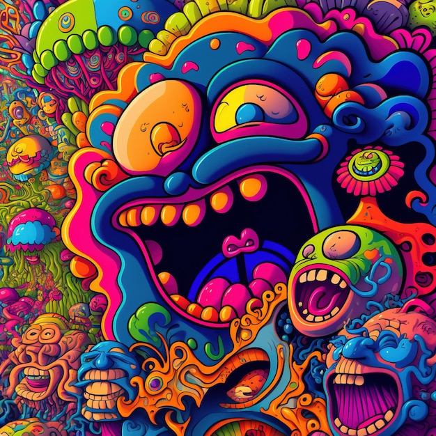 abstrakter psychedelischer Neon-Cartoon der Traumwelt Hintergrund Graffiti-Kunst generative AI