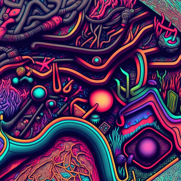 abstrakter psychedelischer Neon-Cartoon der Traumwelt Hintergrund Graffiti-Kunst generative AI