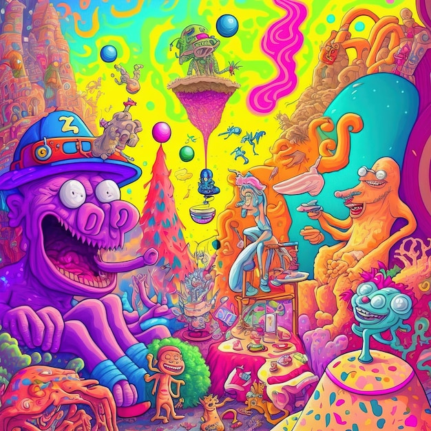 abstrakter psychedelischer Neon-Cartoon der Traumwelt Hintergrund Graffiti-Kunst generative AI