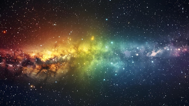 Abstrakter Raumhintergrund von Nebel und Sternen mit horizontalen Regenbogenfarben