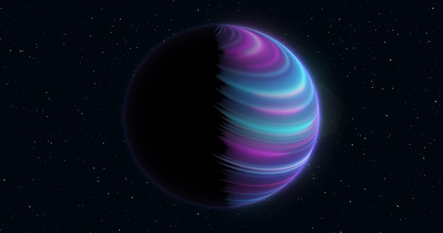 Abstrakter realistischer Planet lila Hitech leuchtende runde Kugel im Weltraum vor dem Hintergrund