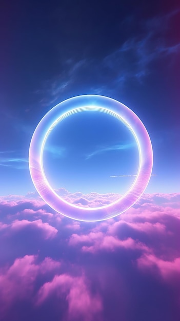 Abstrakter Ring beleuchtet durch Neonlicht auf buntem Hintergrund mit Wolken Generative KI